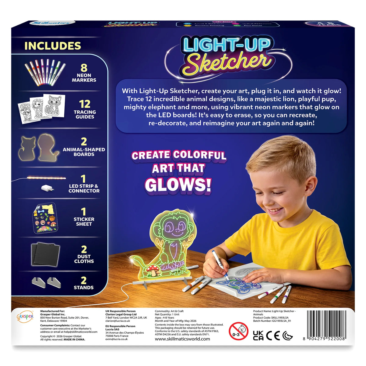 Light-Up Sketcher Animals product back packaging showing included 8 markers, 12 tracing guides, 2 animal-shaped boards, LED strip, sticker sheet, dust cloth, and 2 stands. The front shows a child drawing beside a glowing monkey board, with product details and safety markings below.