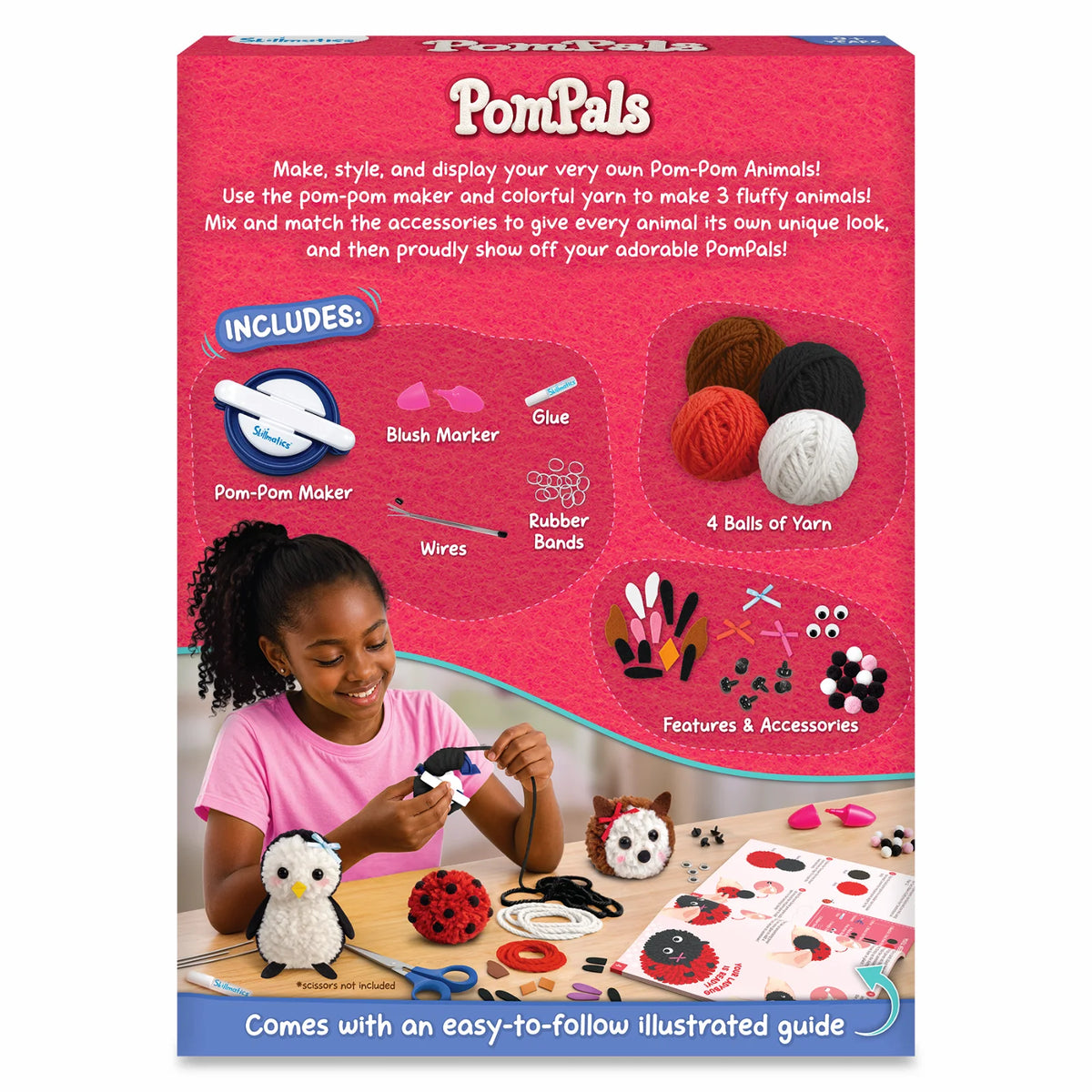 Skillmatics PomPals back packaging displays a child making yarn animals alongside a penguin, ladybug and hedgehog. The box highlights a pom-pom maker, four yarn balls, blush marker, glue, wires, rubber bands, facial features, accessories and an illustrated instruction guide.