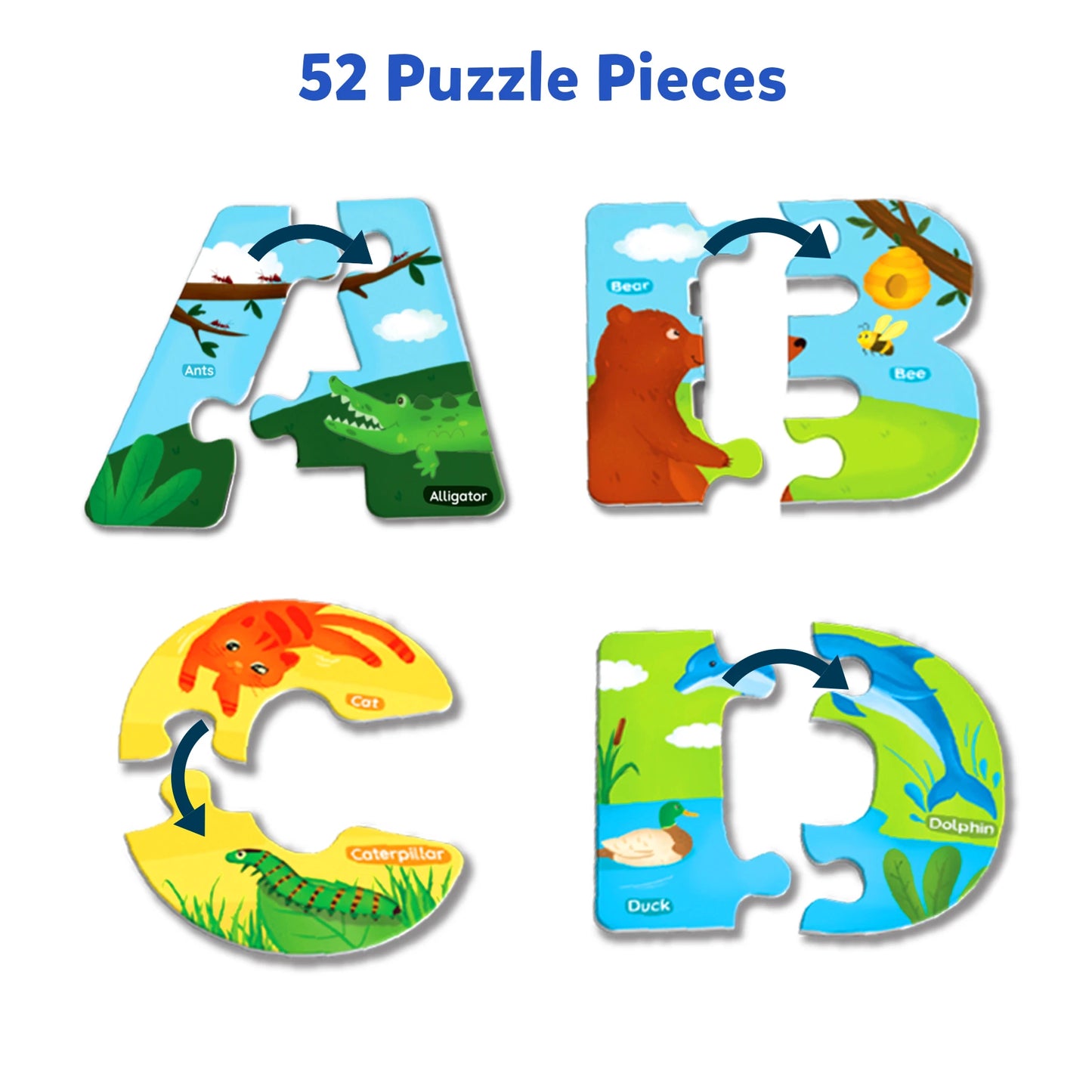 Alphabet animal puzzle for kids ages 3 to 6 showcasing colorful animal jigsaw pieces