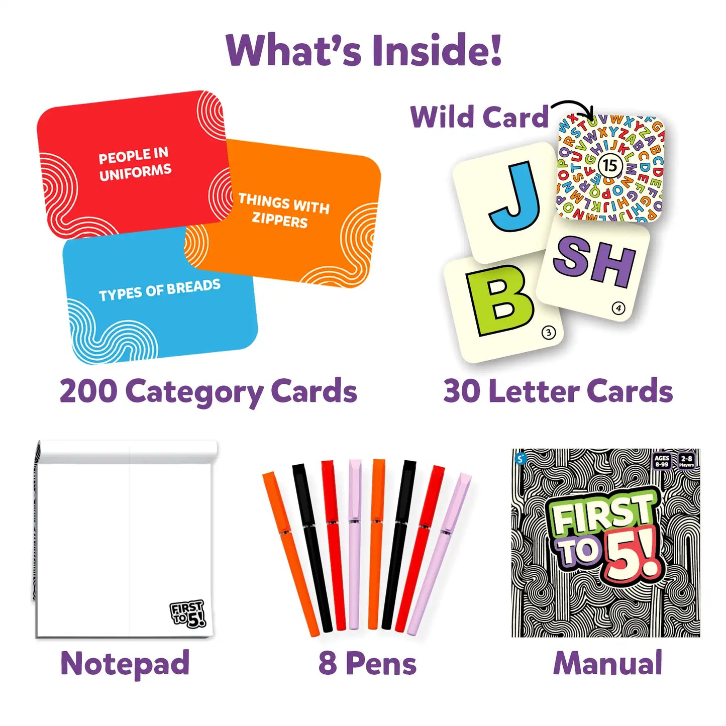 Educational game components including category cards, letter cards, a notepad, pens, and a manual on a white background.