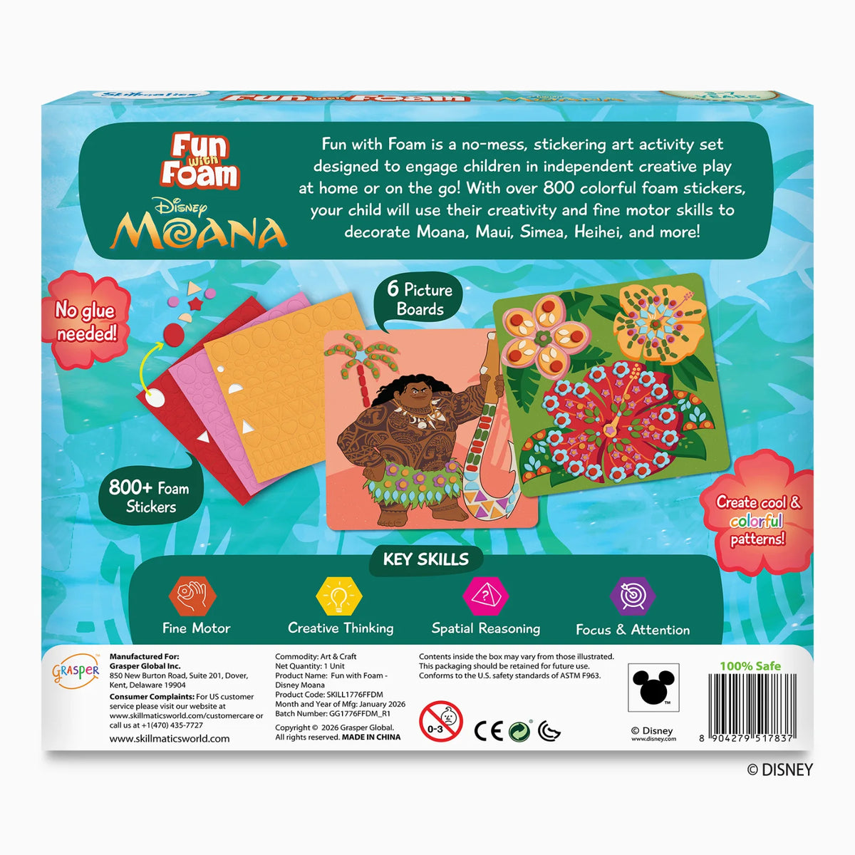 Back of the Moana Fun with Foam box with a product description, foam sticker sheets marked 800+ stickers and No glue needed, decorated Maui and hibiscus boards marked 6 boards, a Create cool and colorful patterns badge, and Key Skills icons for fine motor, creativity, spatial reasoning and focus.