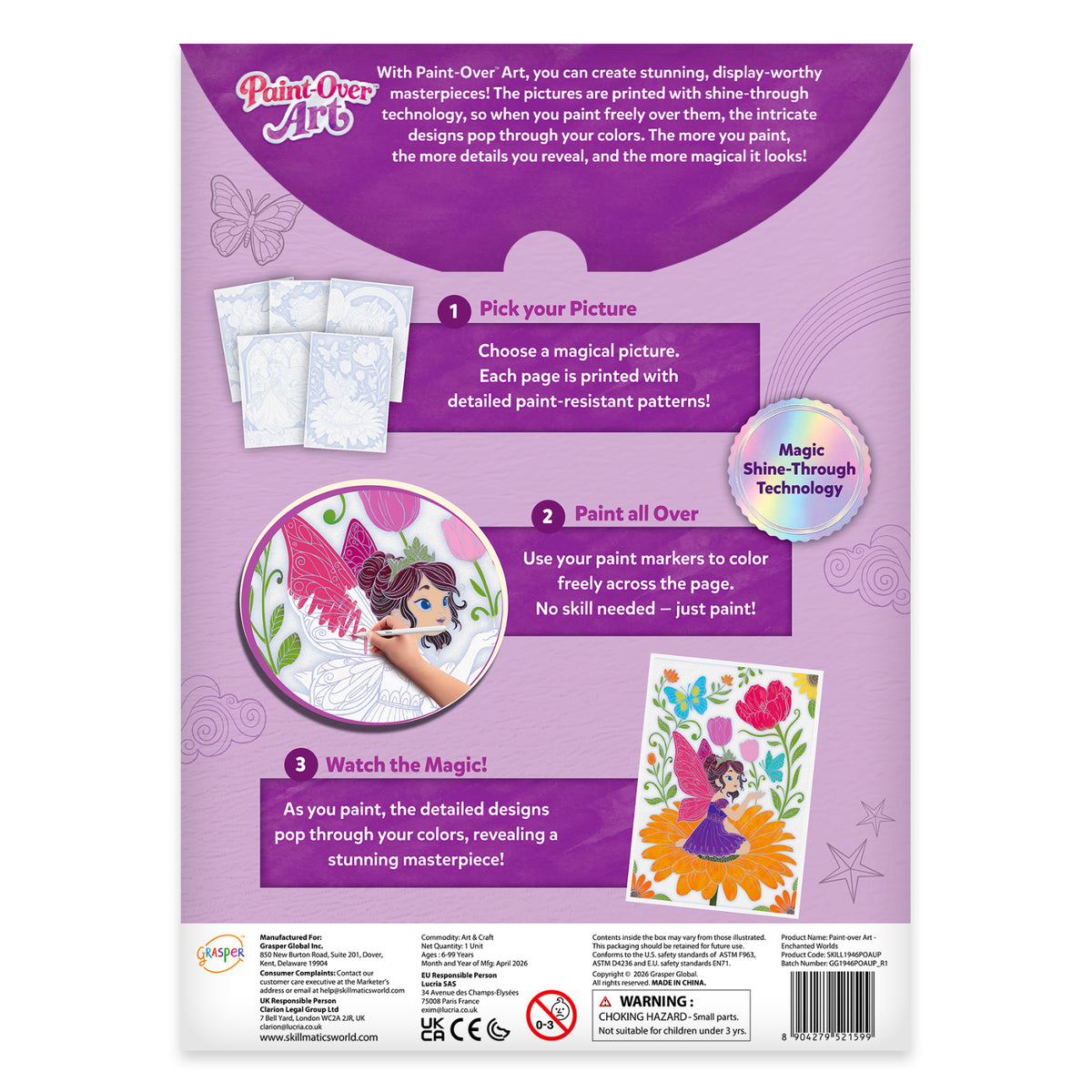 Back of Skillmatics Paint-Over Art box showing instructions and product details. Includes steps: 1 pick your picture, 2 paint all over using markers, 3 watch the magic reveal vibrant artwork. Also shows five magical pictures, ten brush-tip markers, Shine-Through Technology badge and safety panel.