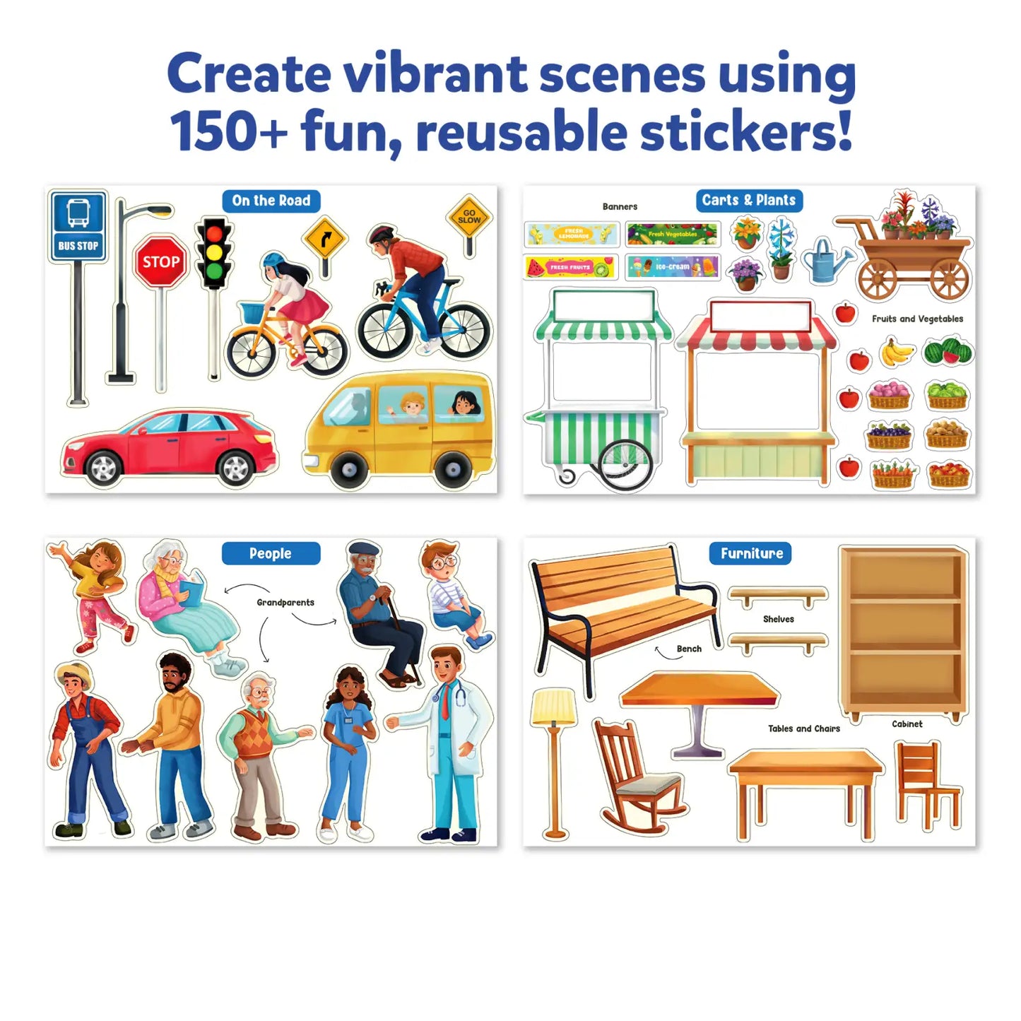 Sticker sheet with scene-building elements for Sticker Stories Adventure Around Town game