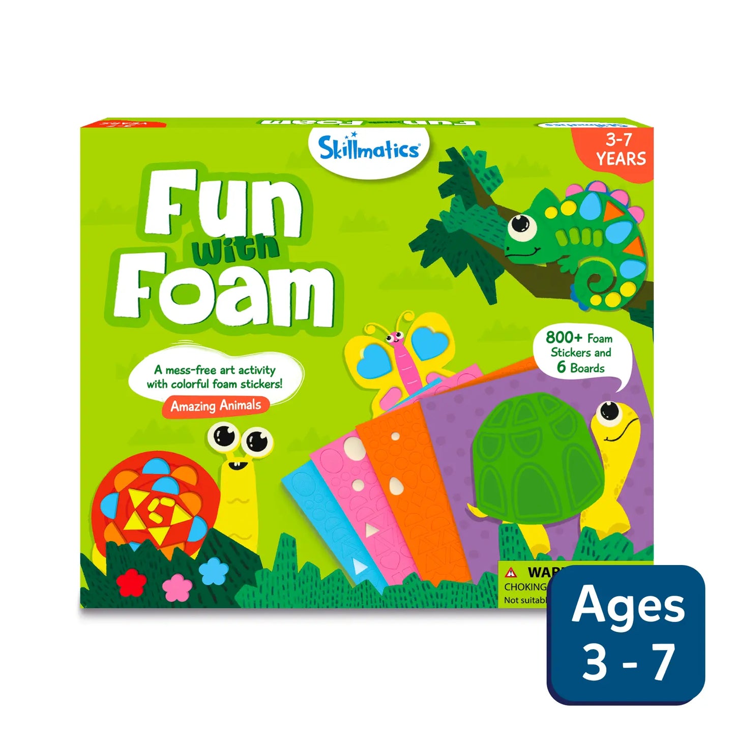 Packaging for 'Fun with Foam: Amazing Animals' sticker art activity for ages 3-7, showing colorful animal stickers and the text indicating the number of stickers and the age range.