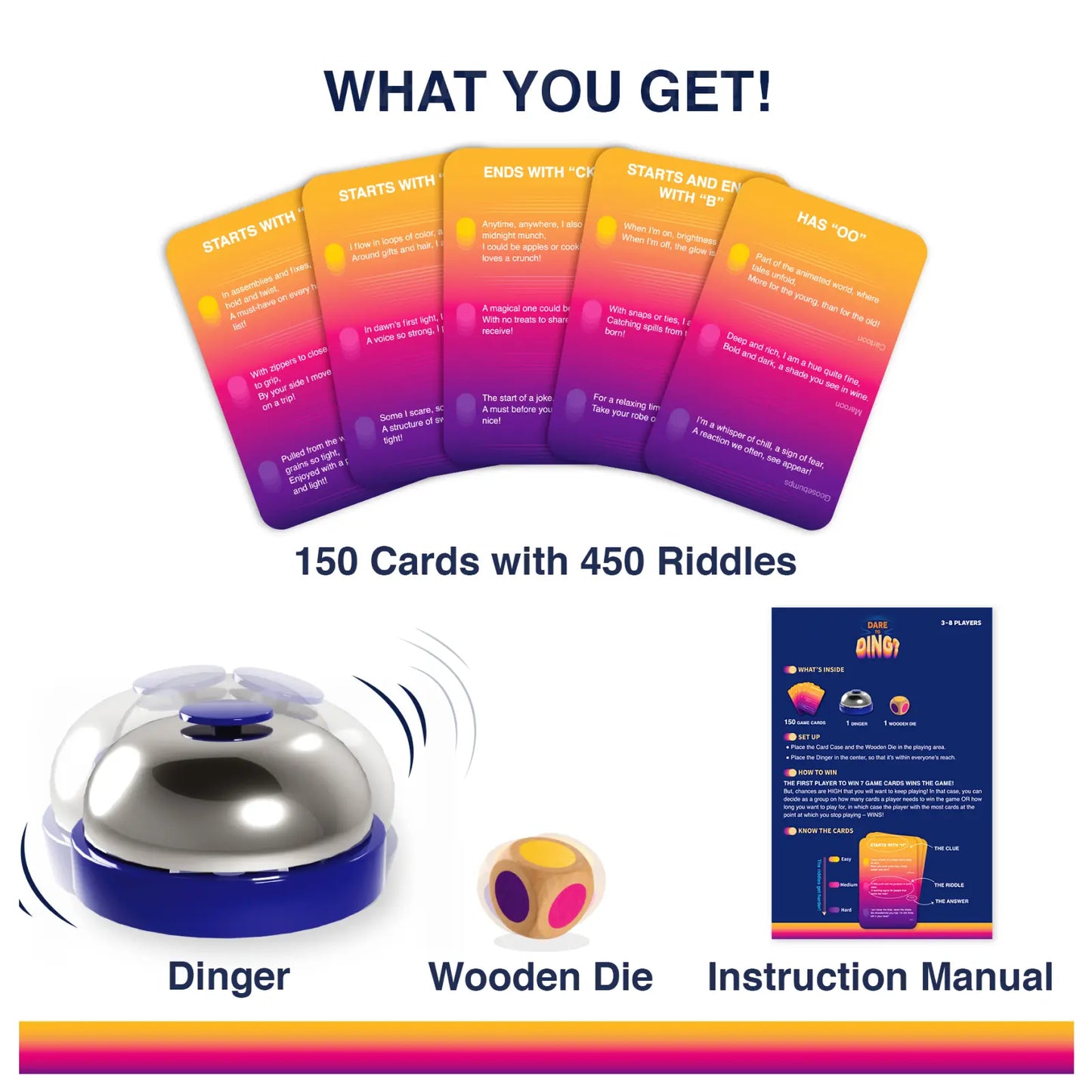 Riddles game set for Dare to Ding? party game with fun riddles and game pieces