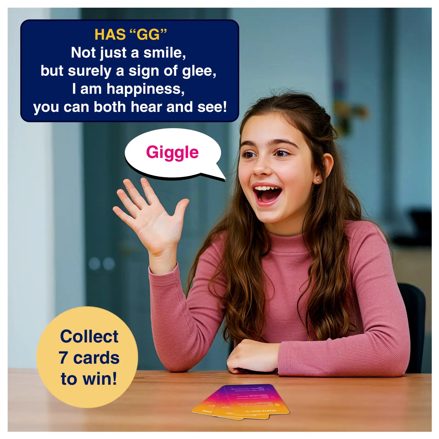 Girl playing card game Dare to Ding with cards on a table