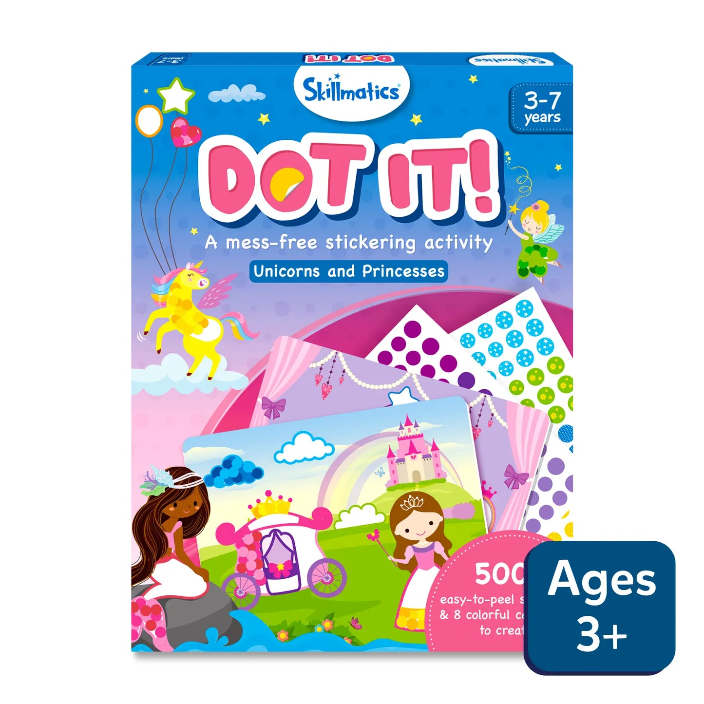Packaging for ' Skillmatics Dot it - No Mess Sticker Art, Unicorn & PrincessPictures' featuring illustrations of unicorns and princesses with a young girl applying stickers.