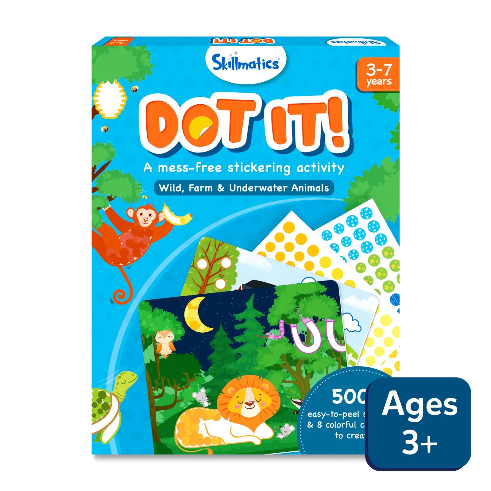 Packaging for 'Dot it!' sticker art activity book featuring illustrations of animals and text indicating ages 3-7.