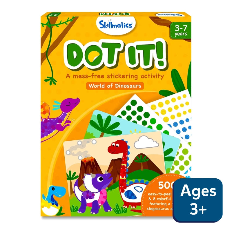 Packaging for 'Dot it!: World of Dinosaurs' sticker art activity for ages 3-7, showing colorful stickers and dinosaur illustrations.