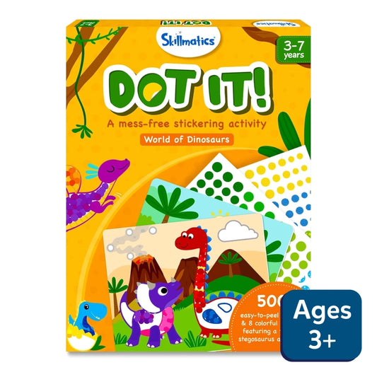 Packaging for 'Dot it!: World of Dinosaurs' sticker art activity for ages 3-7, showing colorful stickers and dinosaur illustrations.