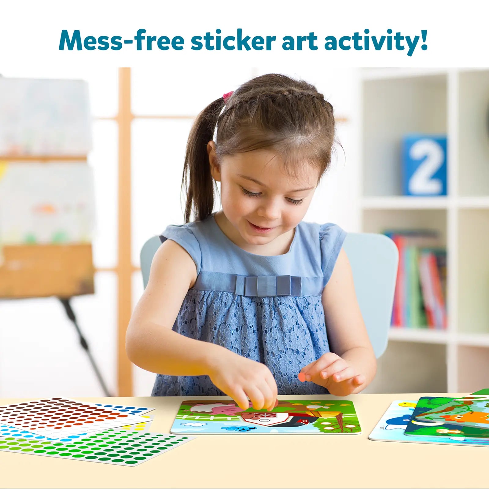 Young girl creating sticker art with Dot it Combo Animal and Dinosaur themes for kids