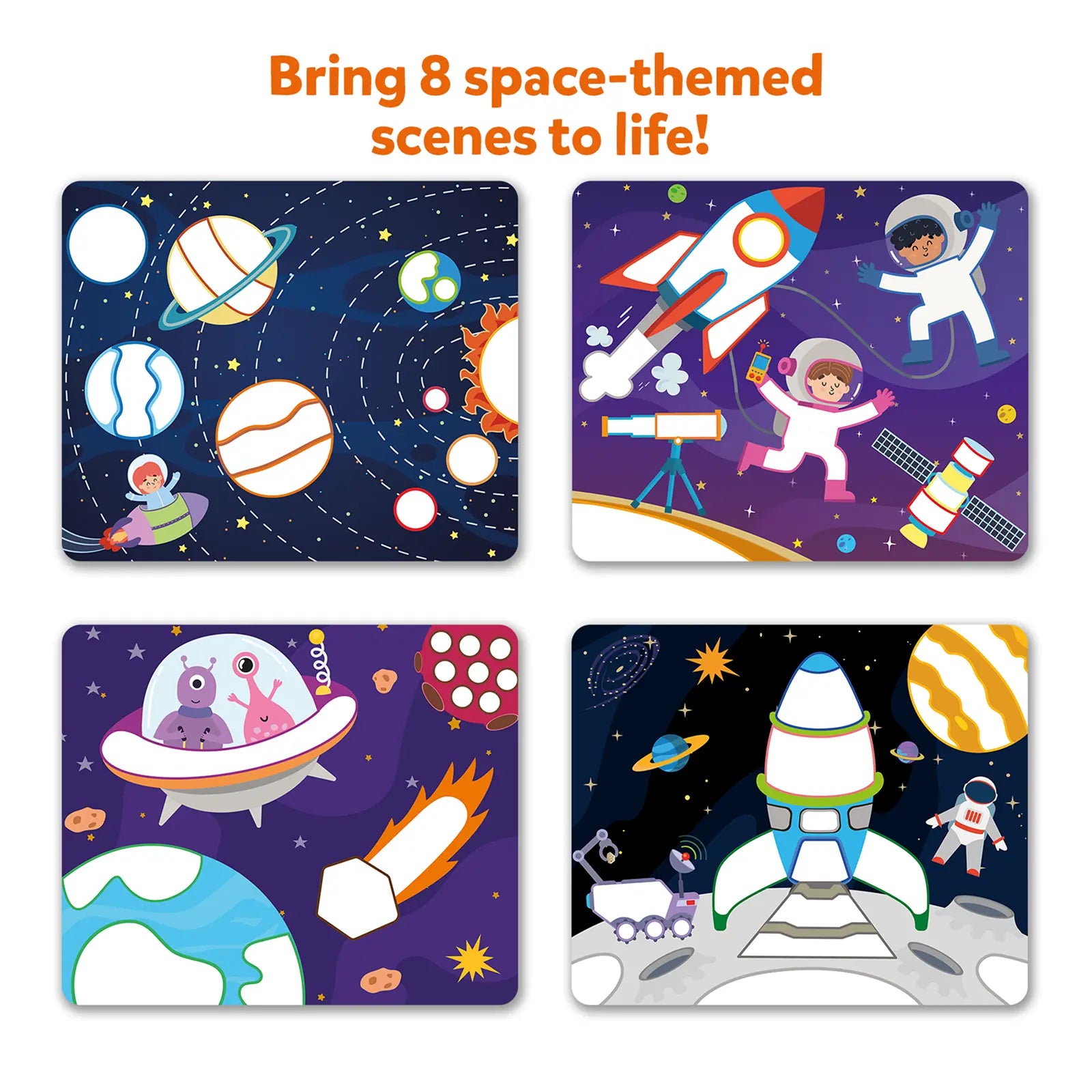 Space-themed coloring cards for kids featuring outer space designs and no mess sticker art