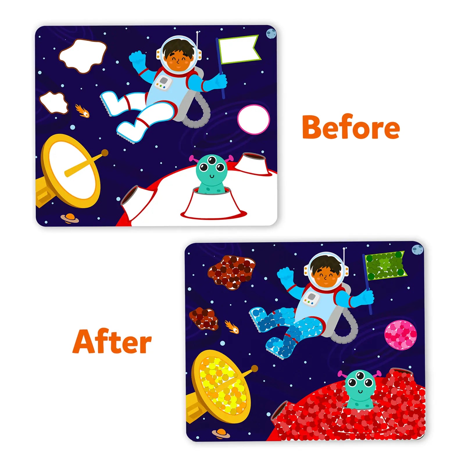 Space-themed illustration with astronaut and alien for Dot it Outer Space sticker art product