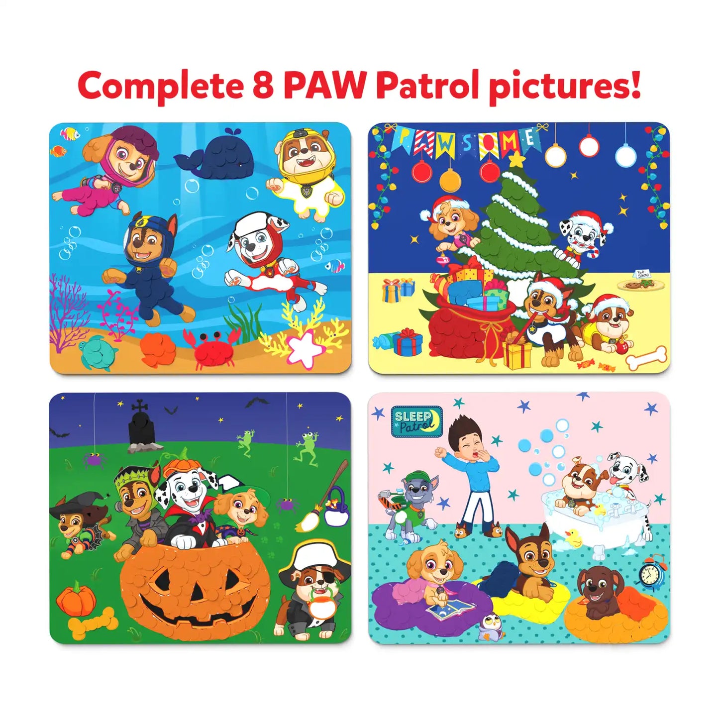 Four Paw Patrol puzzle scenes from Dot it! No mess sticker art for kids ages 3-7
