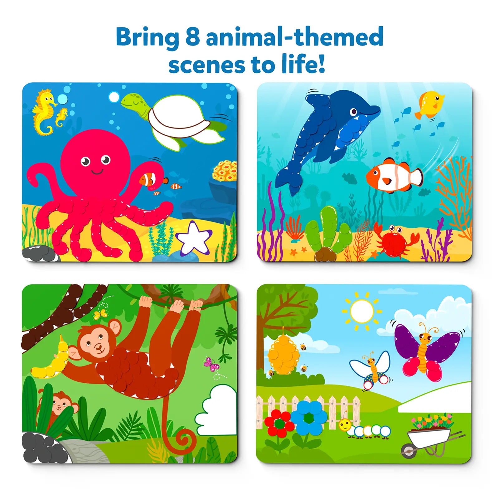 Animal-themed puzzle scenes from Dot it Wild Farm and Underwater Sticker Art for ages 3-7