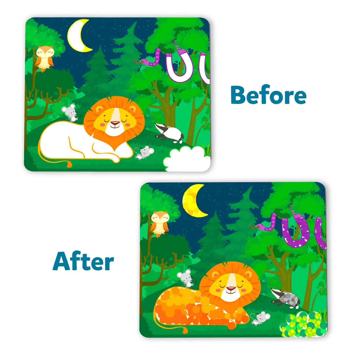Colorful cartoon forest scene with a sleeping lion for Dot it Wild Farm Underwater Sticker Art
