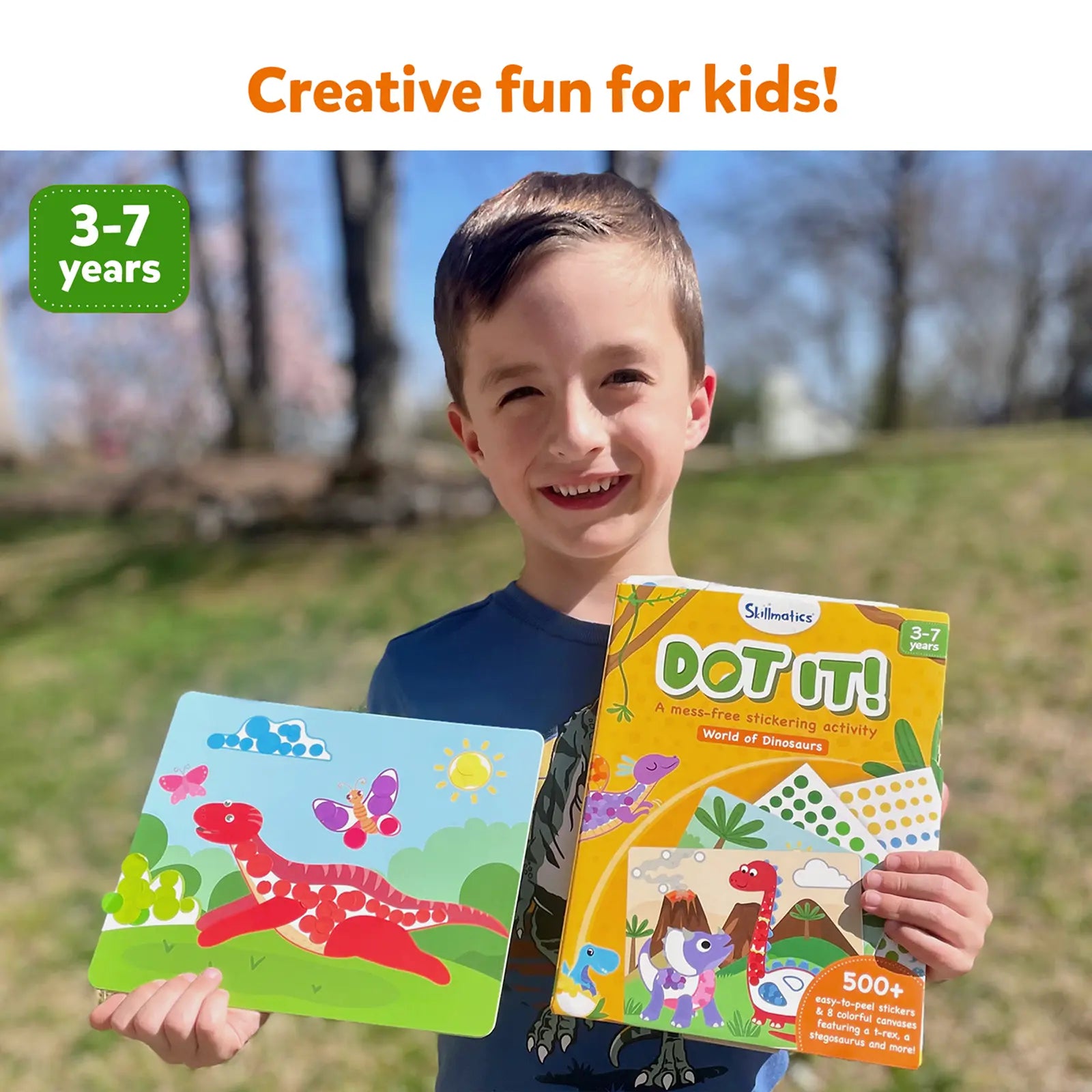 Boy holding Dinosaur Sticker Activity Set from Dot it! World of Dinosaurs collection