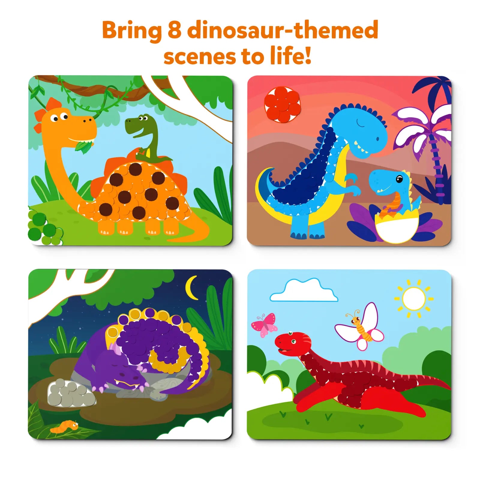 Dinosaur-themed scenes from Dot it! World of Dinosaurs no mess sticker art for kids