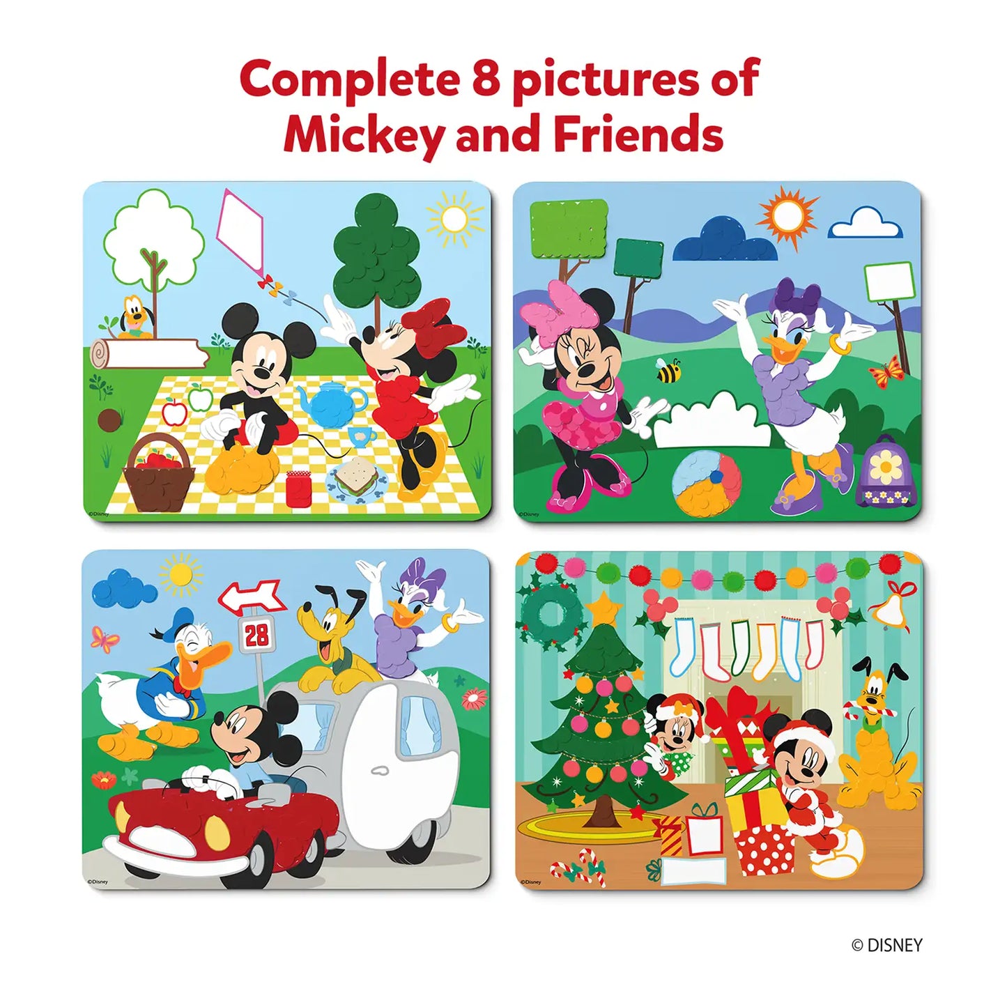 Kids playing with Dot it Mickey and Friends puzzle set featuring Mickey Mouse and friends