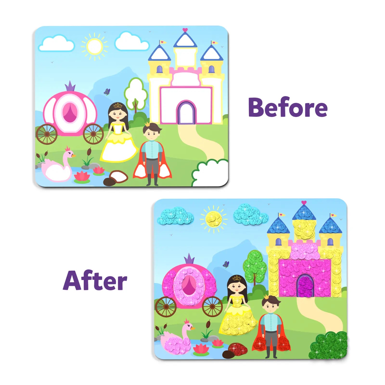 Before and after of a unicorn and princess craft project using Dot it Sparkle Edition stickers