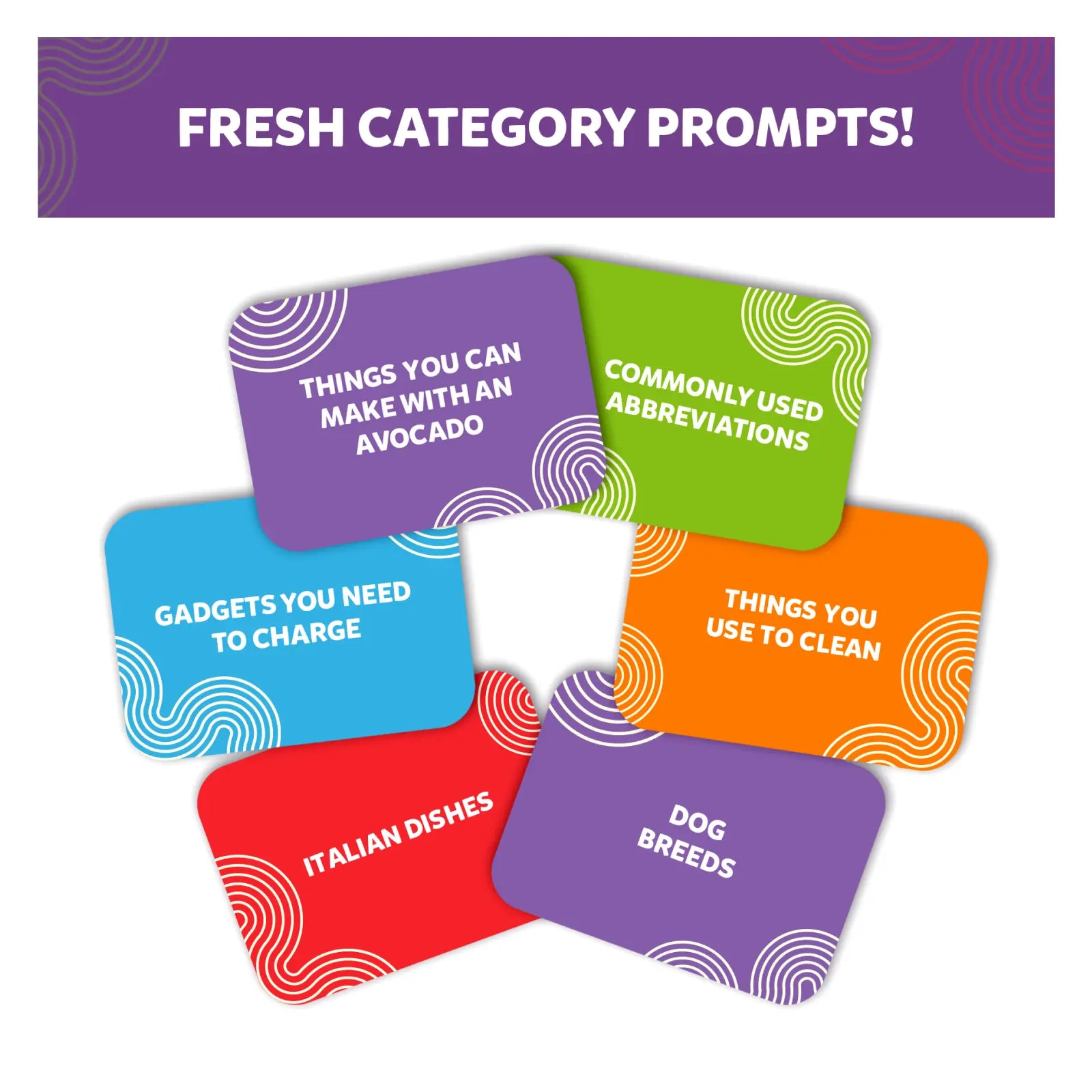 Colorful category prompt cards from First to 5 Quick Category Game with a Twist