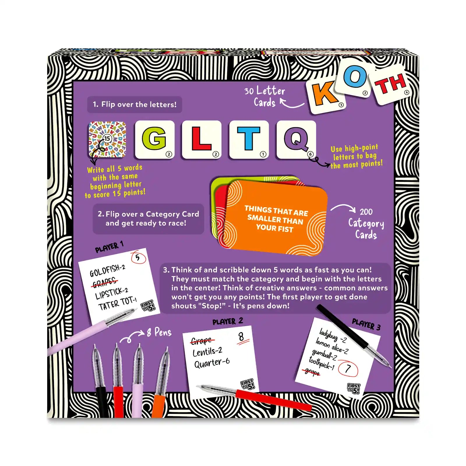 KOTH board game box shown in First to 5 Quick Category Game with a Twist for ages 8+