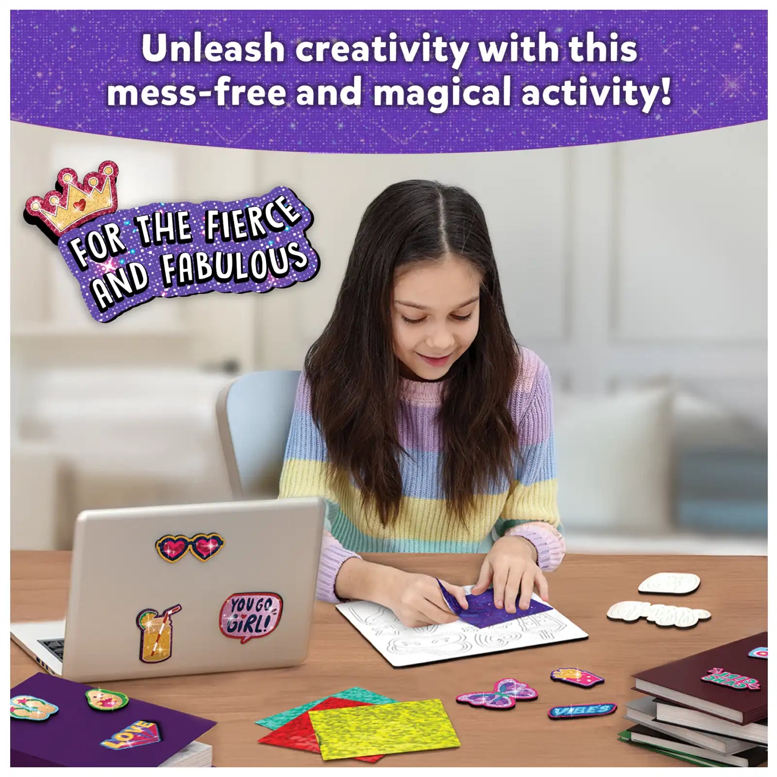 Girl crafting with glitter stickers using Foil Fun Girl Power No Mess Magnetic Art Kit