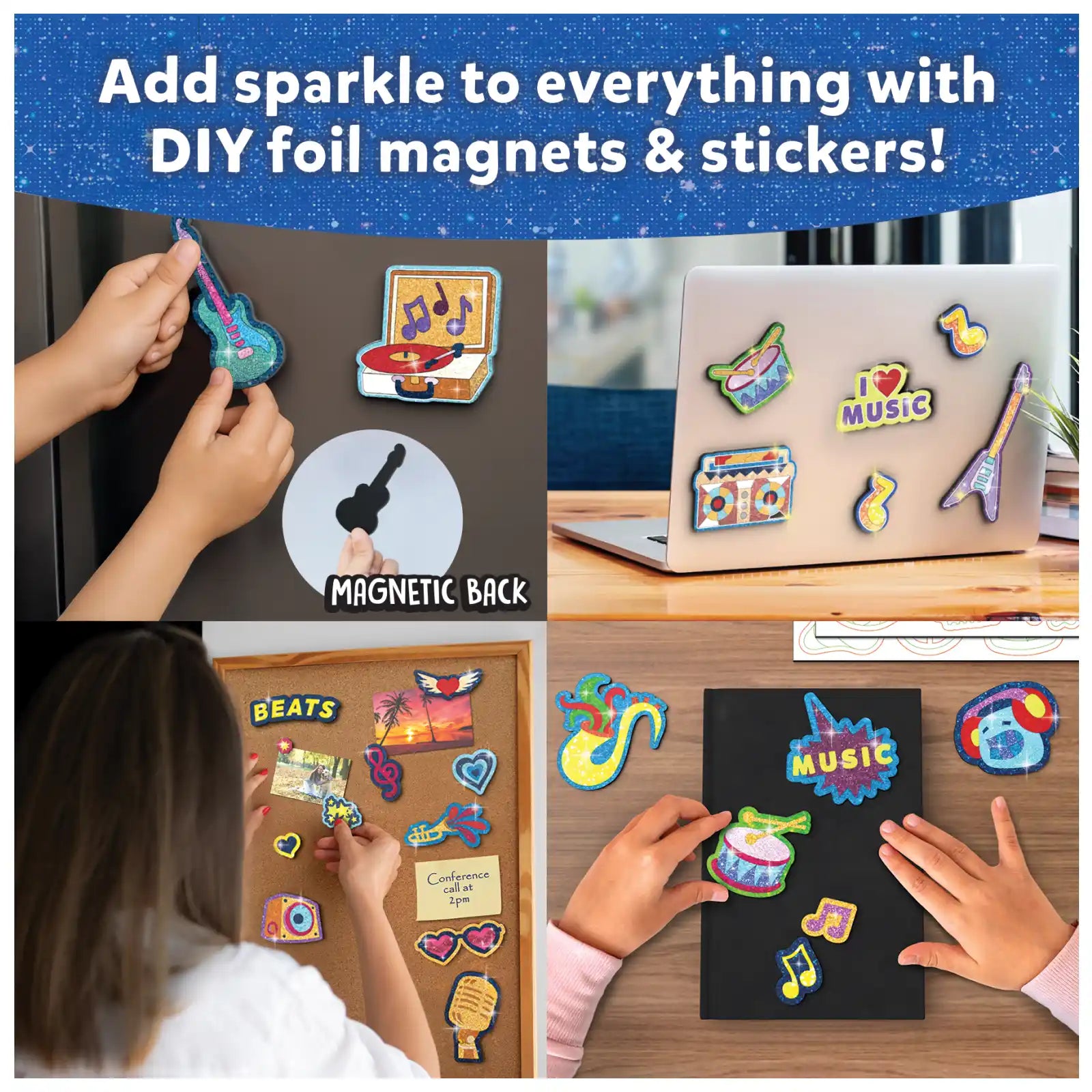 DIY foil magnets and stickers from Foil Fun Groovy Beats Magnetic Art Kit for kids