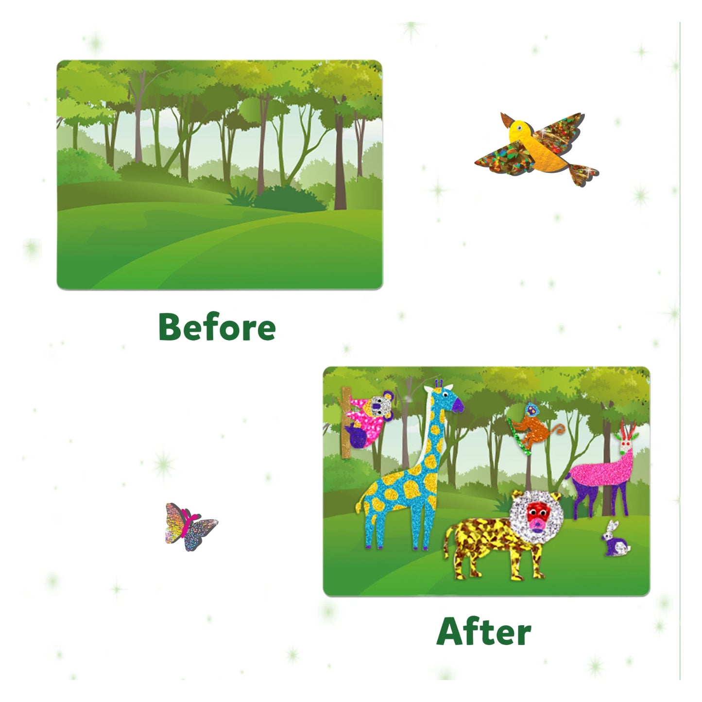 Before and after forest scene from Foil Fun World of Animals No Mess Art Kit