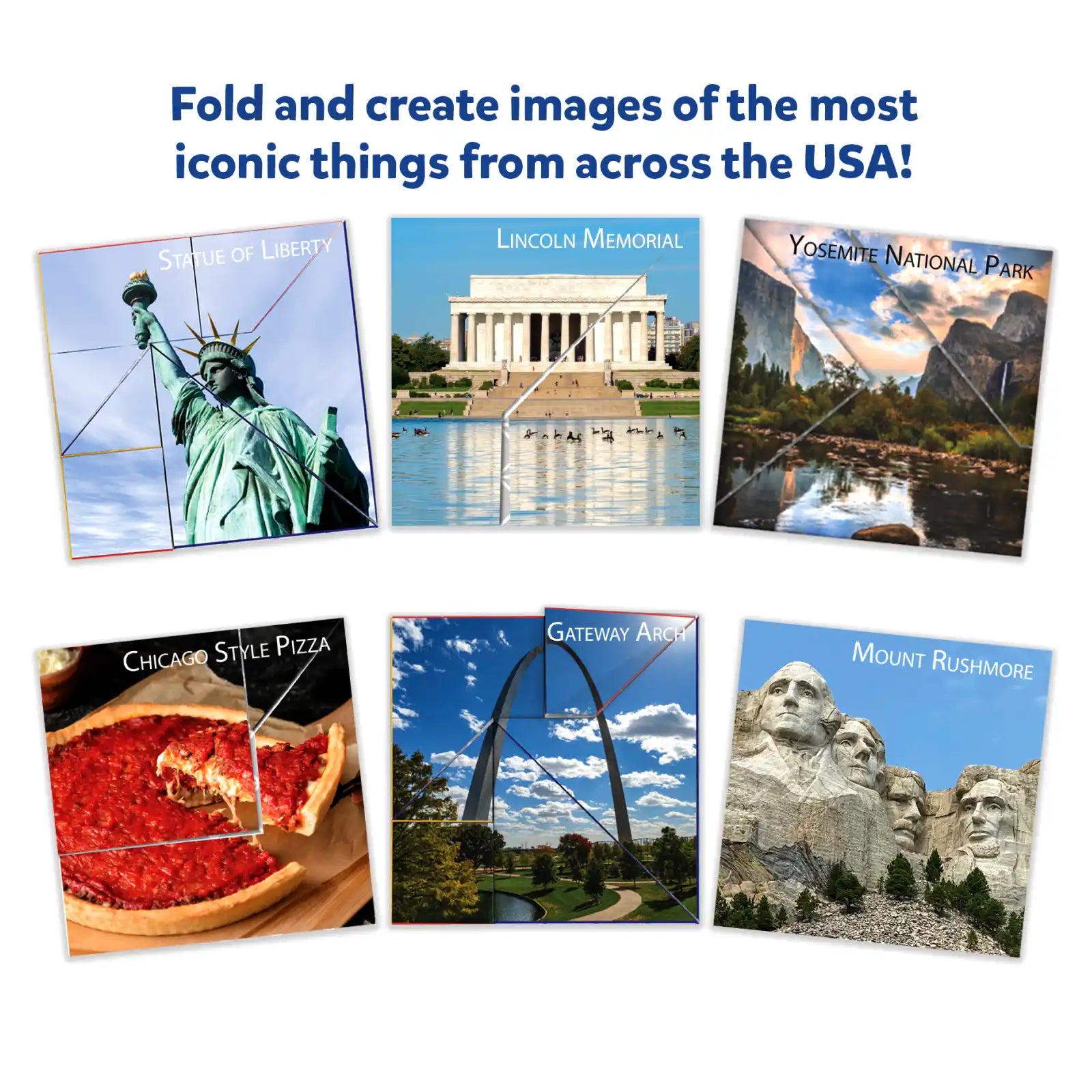 Foldable origami puzzle featuring iconic US landmarks from Craft-O-Pedia All Around The USA