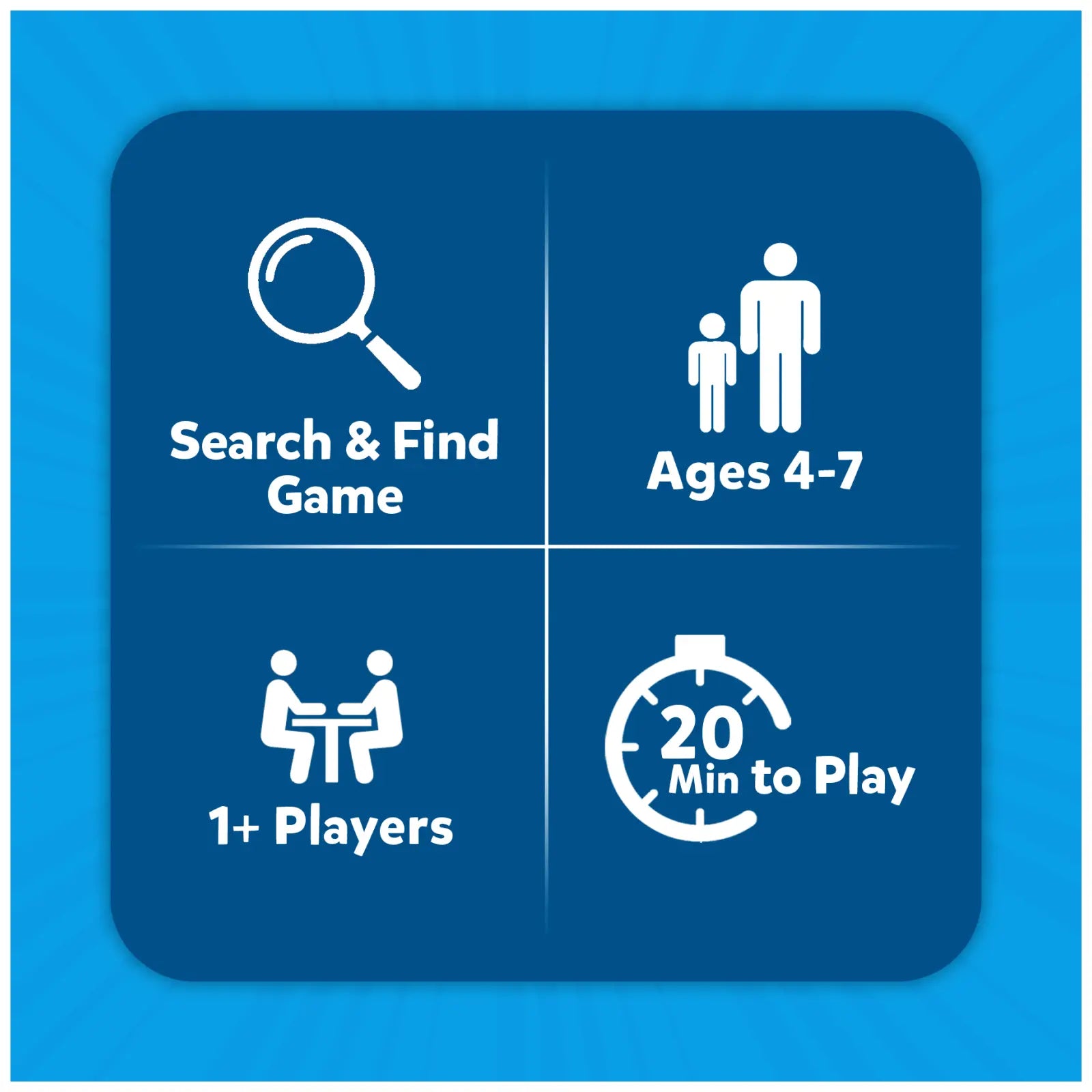Game information icons for Found It! Smart Scavenger Hunt Game for ages 4-7