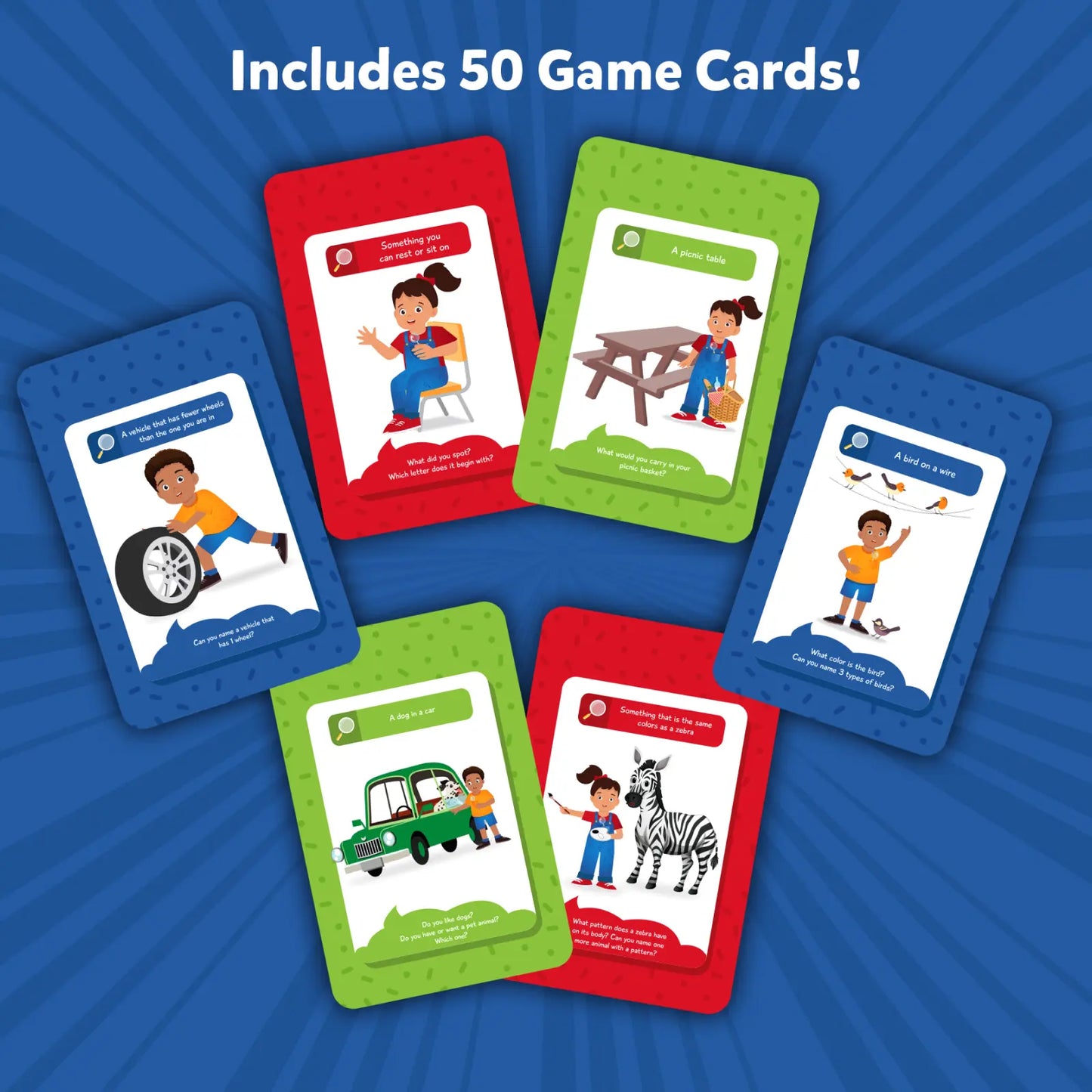 Colorful game cards from Found It! Travel Edition smart scavenger hunt for kids