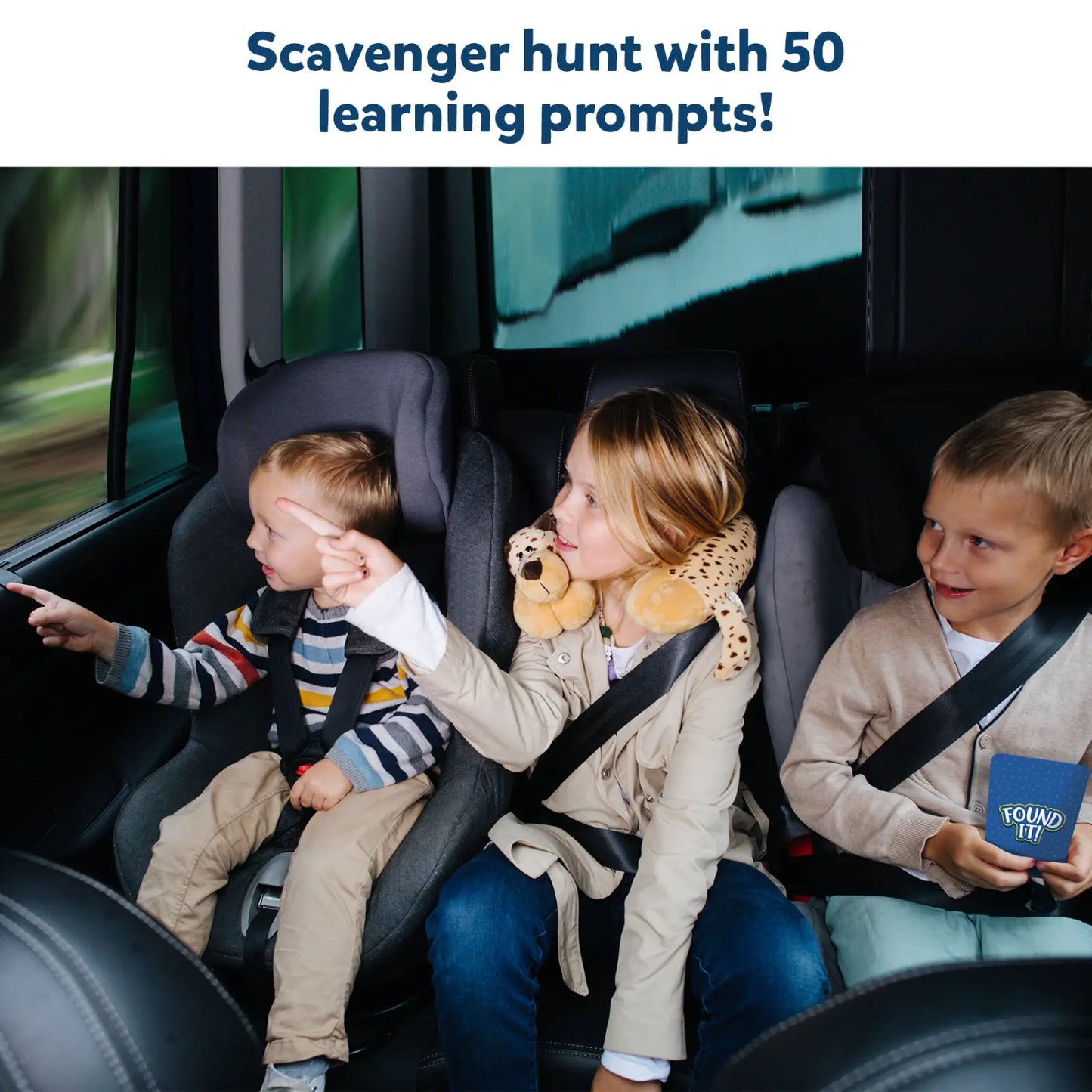 Children in car seats playing with Found It Travel Edition Smart Scavenger Hunt game