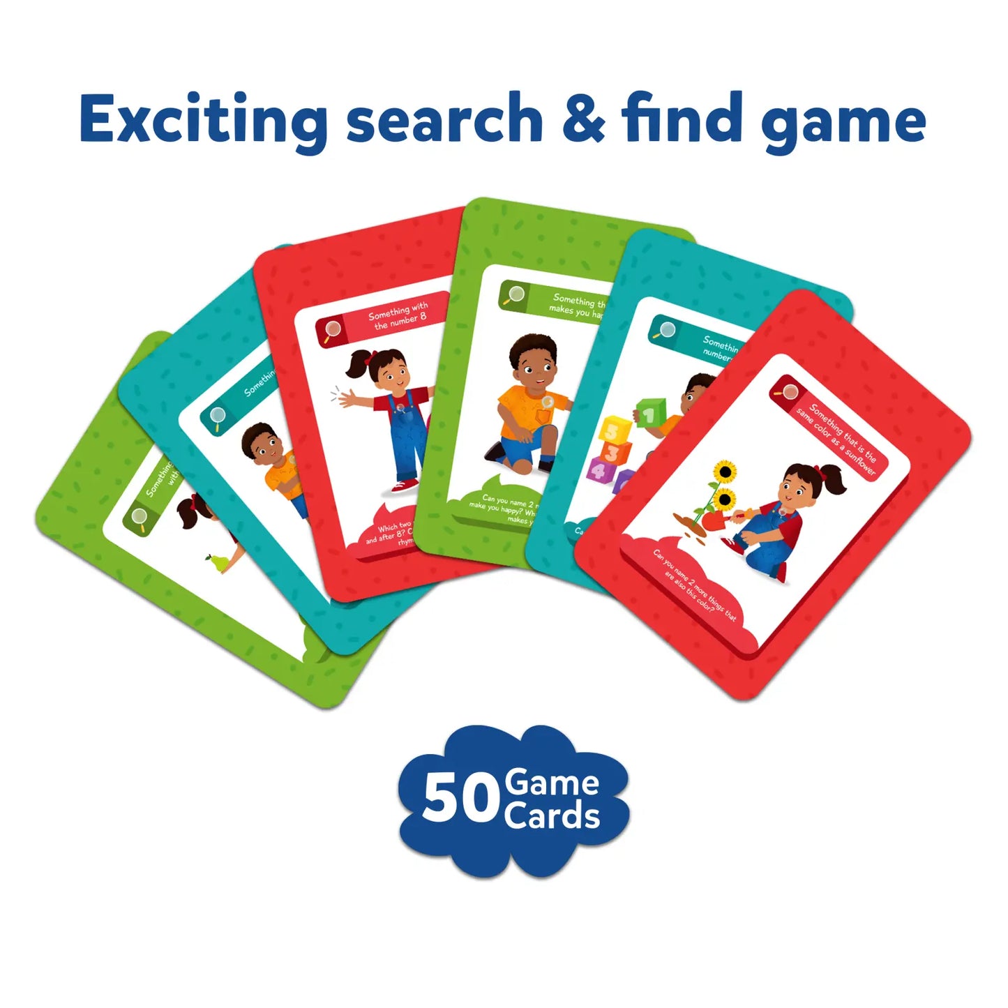 Colorful search-and-find game cards from Guess in 10 Junior & Found it Classroom