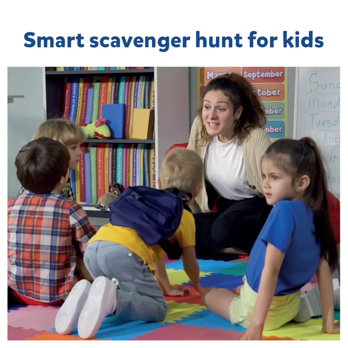 Classroom scene with Teacher and children playing Guess in 10 Junior Found it game