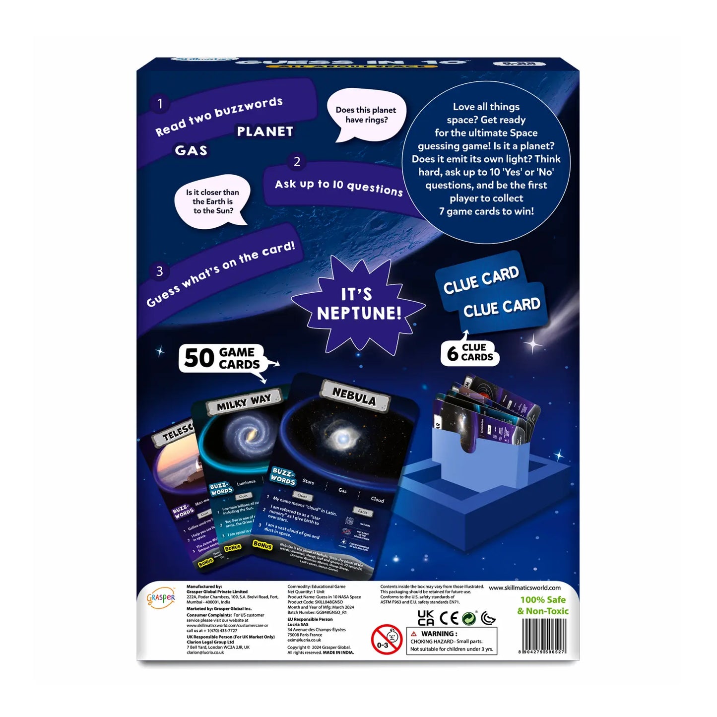Space-themed card game packaging with text and graphics on a blue background