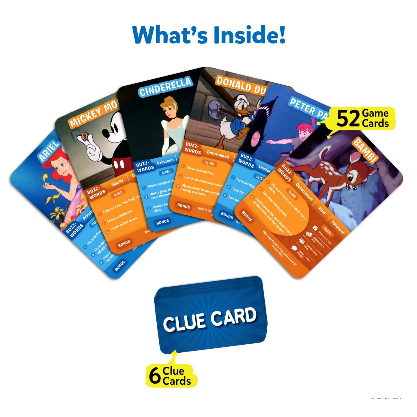 Disney character game cards for Guess in 10 Disney trivia card game ages 6+