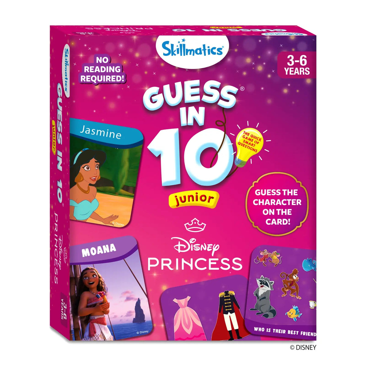 Disney Princess Guess in 10 Junior game featuring colorful trivia cards for ages 3-6