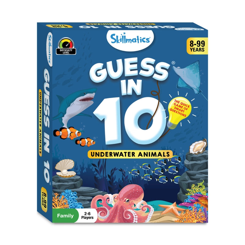 Guess in 10 Underwater Animals board game box for ages 8 and up, fun sea creature trivia