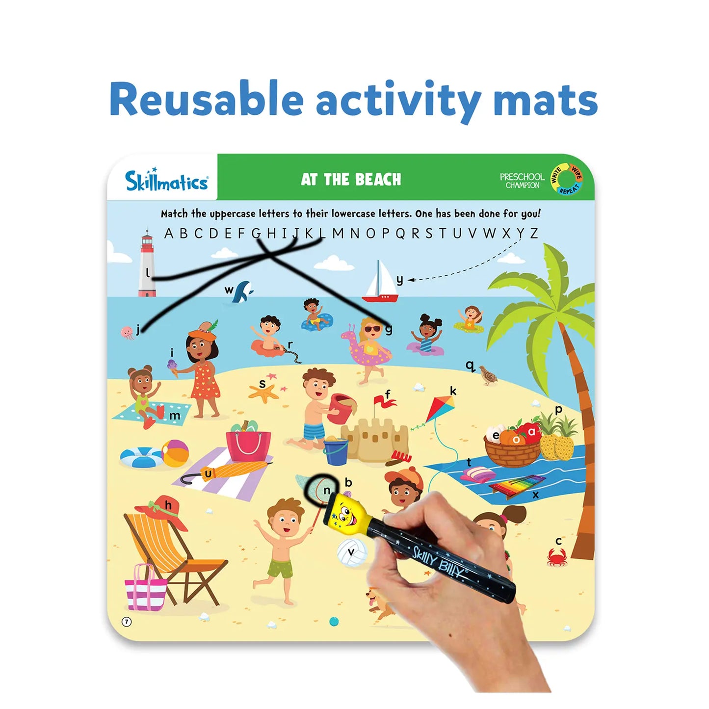 Reusable activity mat with a beach scene from the I Can Write & Preschool Champion series
