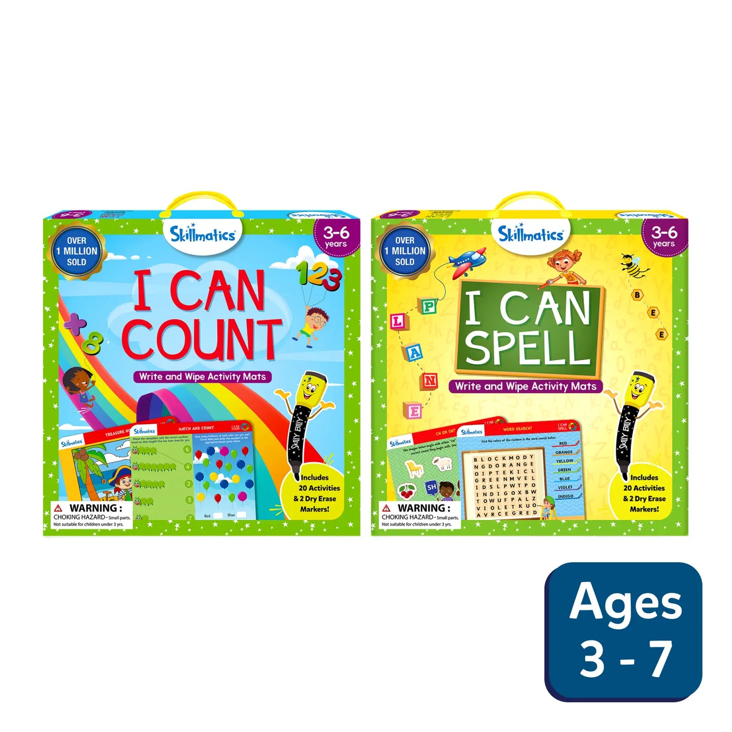 Two Skillmatics activity mat sets for counting and spelling with colorful designs on a white background.