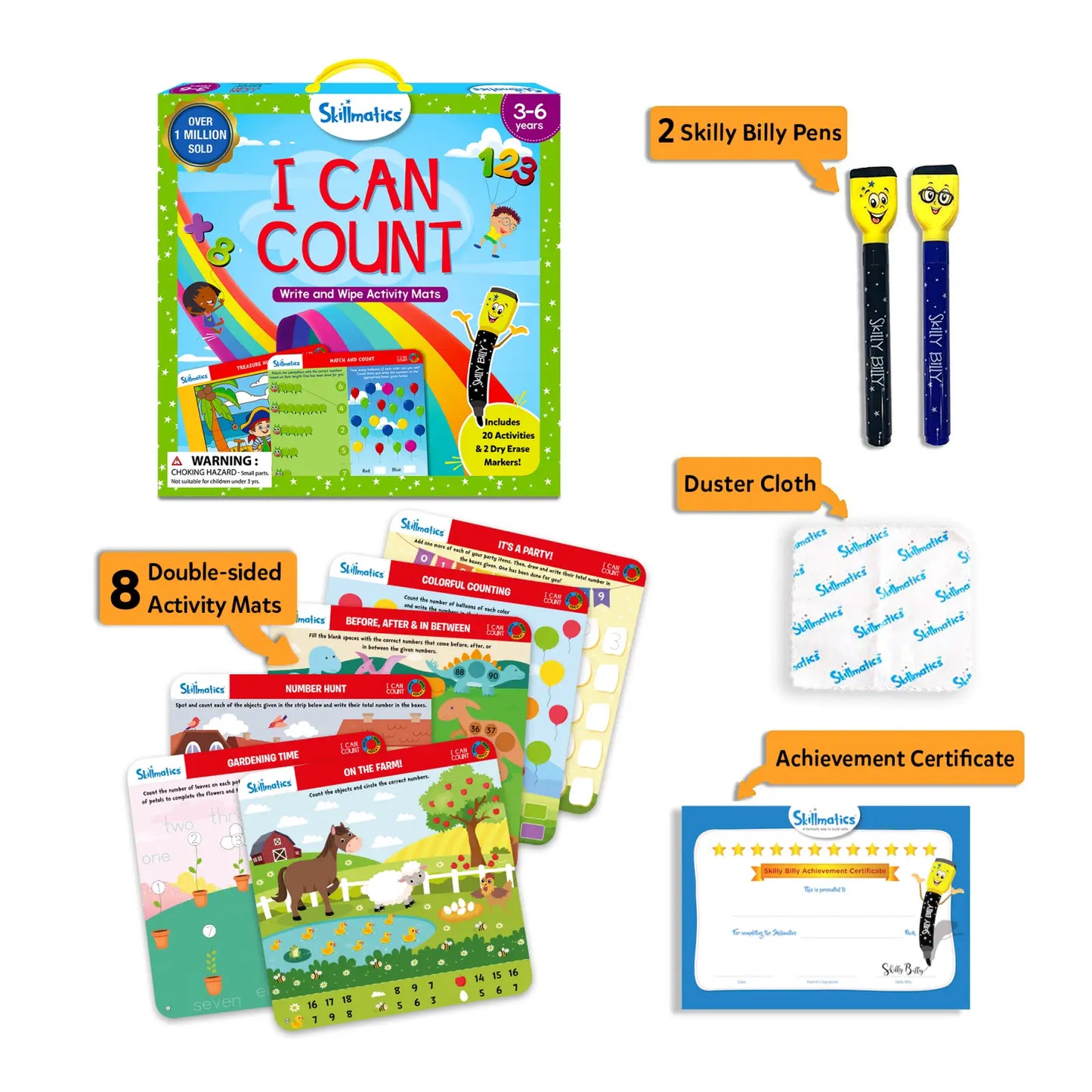 Educational children's activity set with books, pens, and mats on a white background
