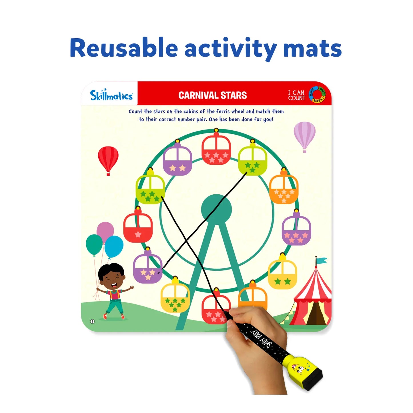 Reusable activity mat with a colorful design of a Ferris wheel and carnival stars, featuring a hand holding a marker.