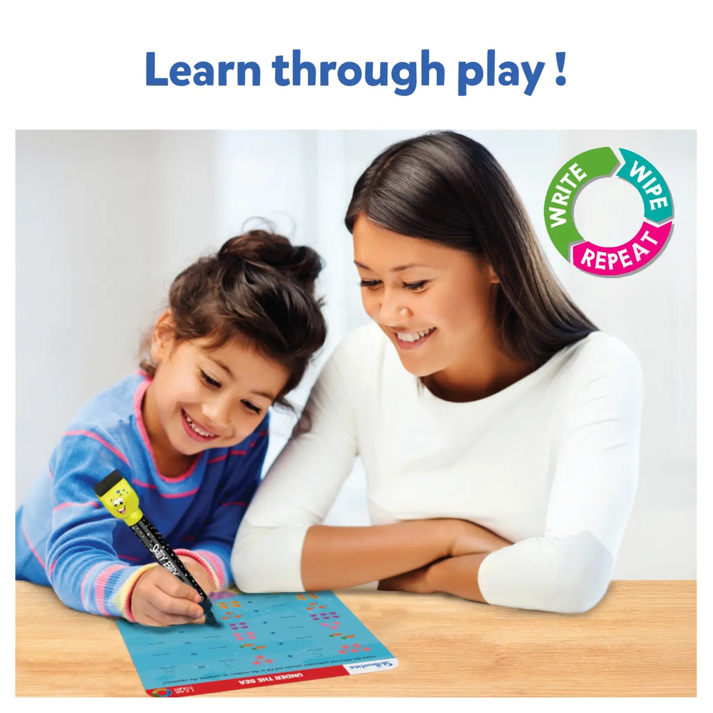 Woman and child engaged in an educational activity with a marker and paper, promoting 'Learn through play'.
