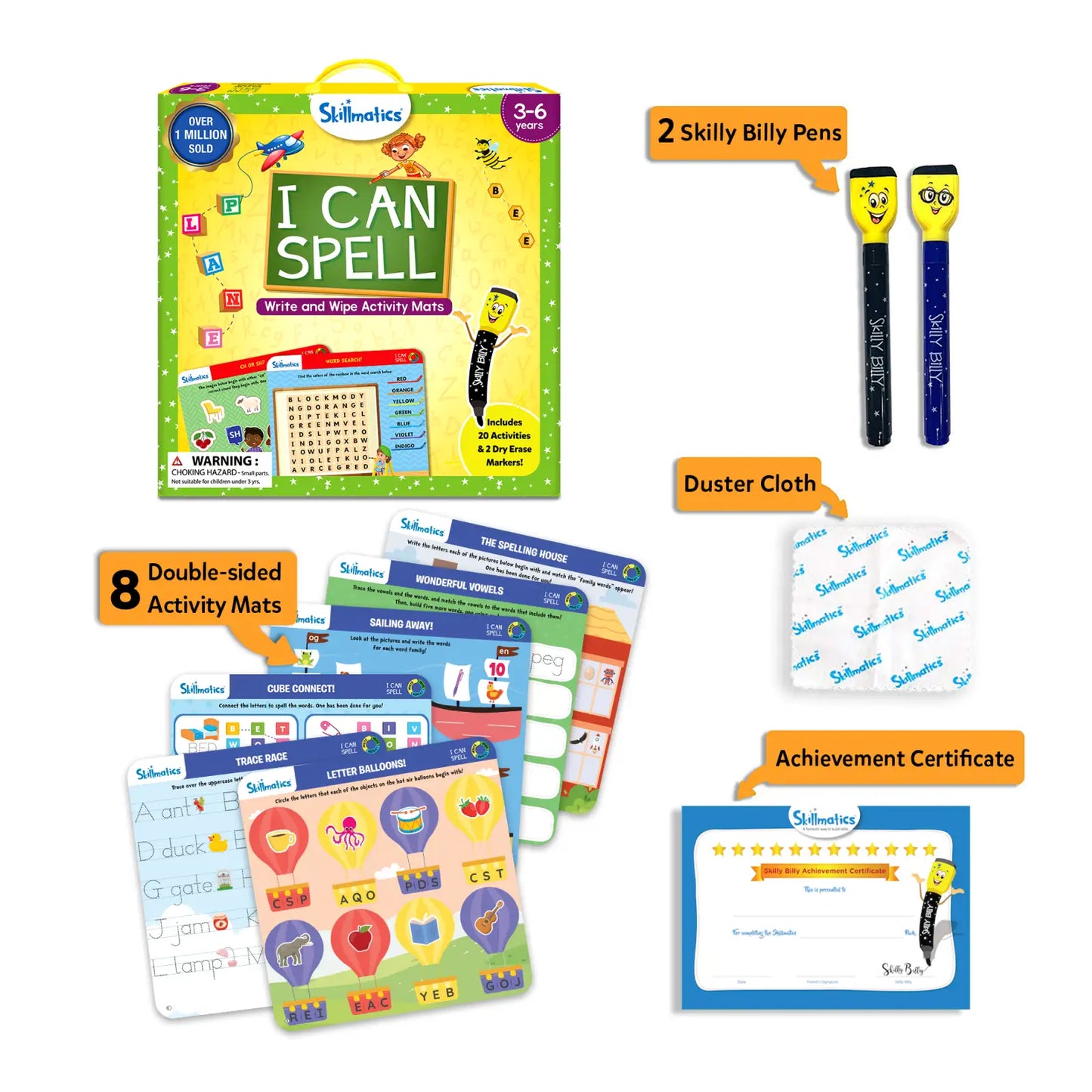 Educational materials including a book, pens, activity mats, and a duster cloth on a white background.