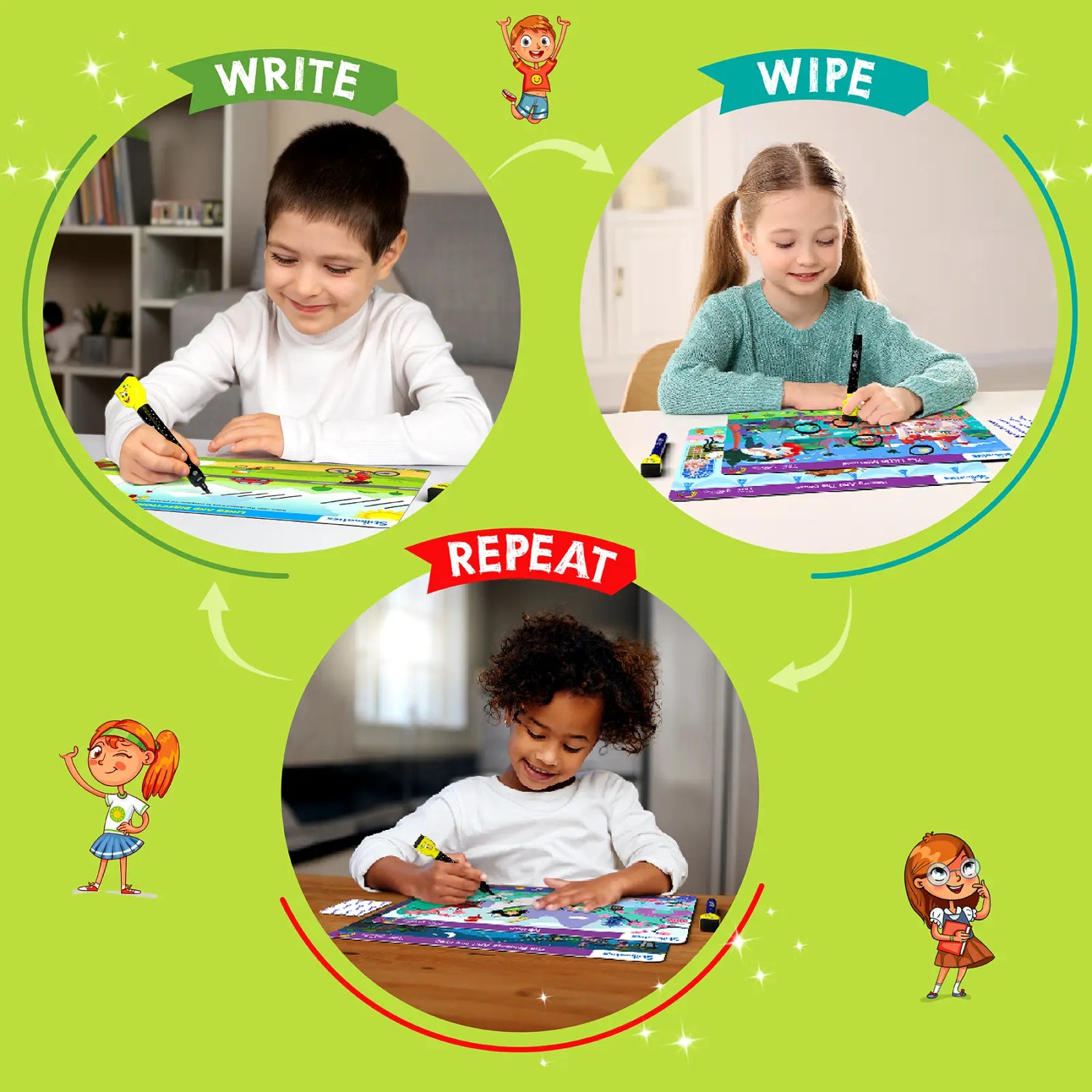 Children using a Write-and-Wipe Puzzle on I Can Write Reusable Activity Mats for ages 3-6