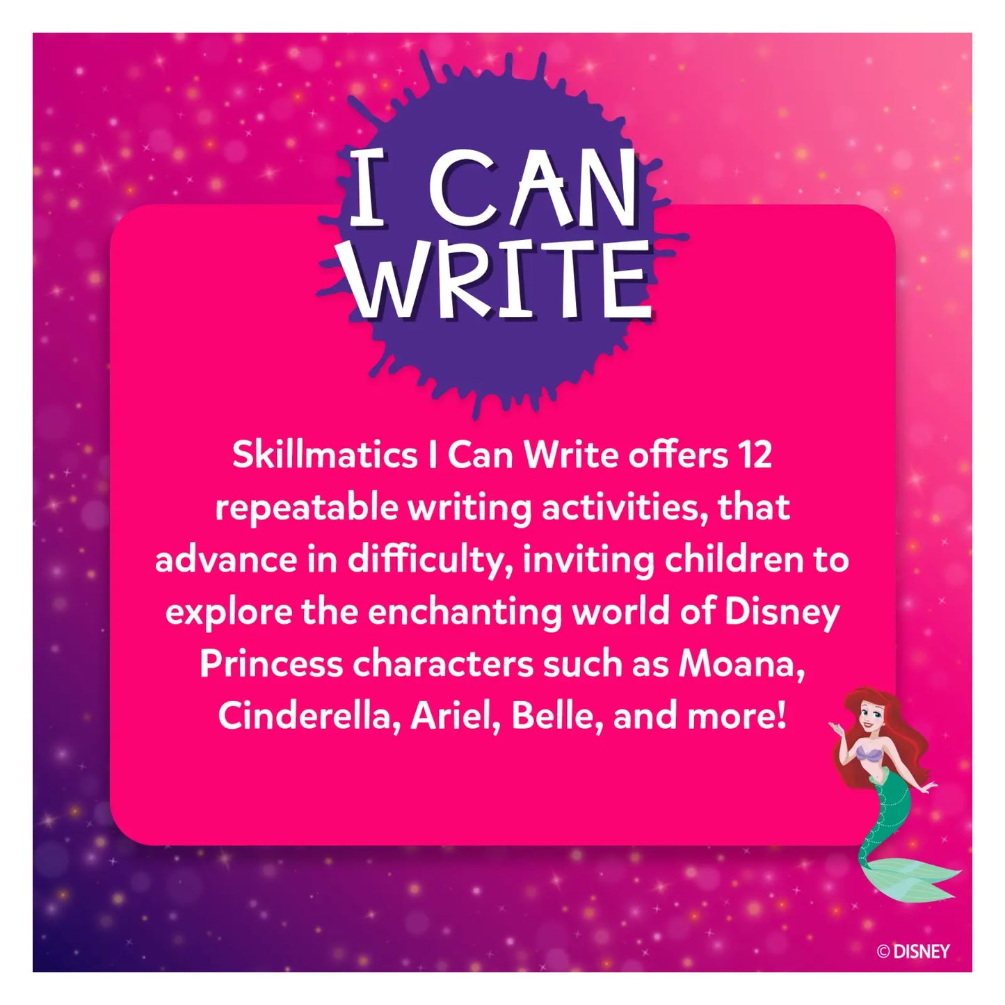 Promotional graphic for Skillmatics I Can Write product with Disney Princess theme on a pink and purple gradient background.