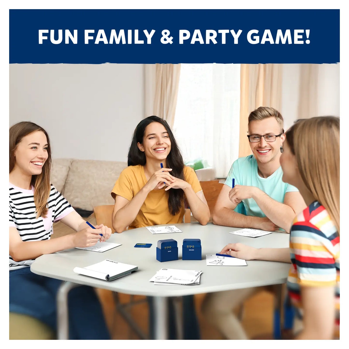 People having fun playing It’s Not It fast-paced creative party game for ages 7+