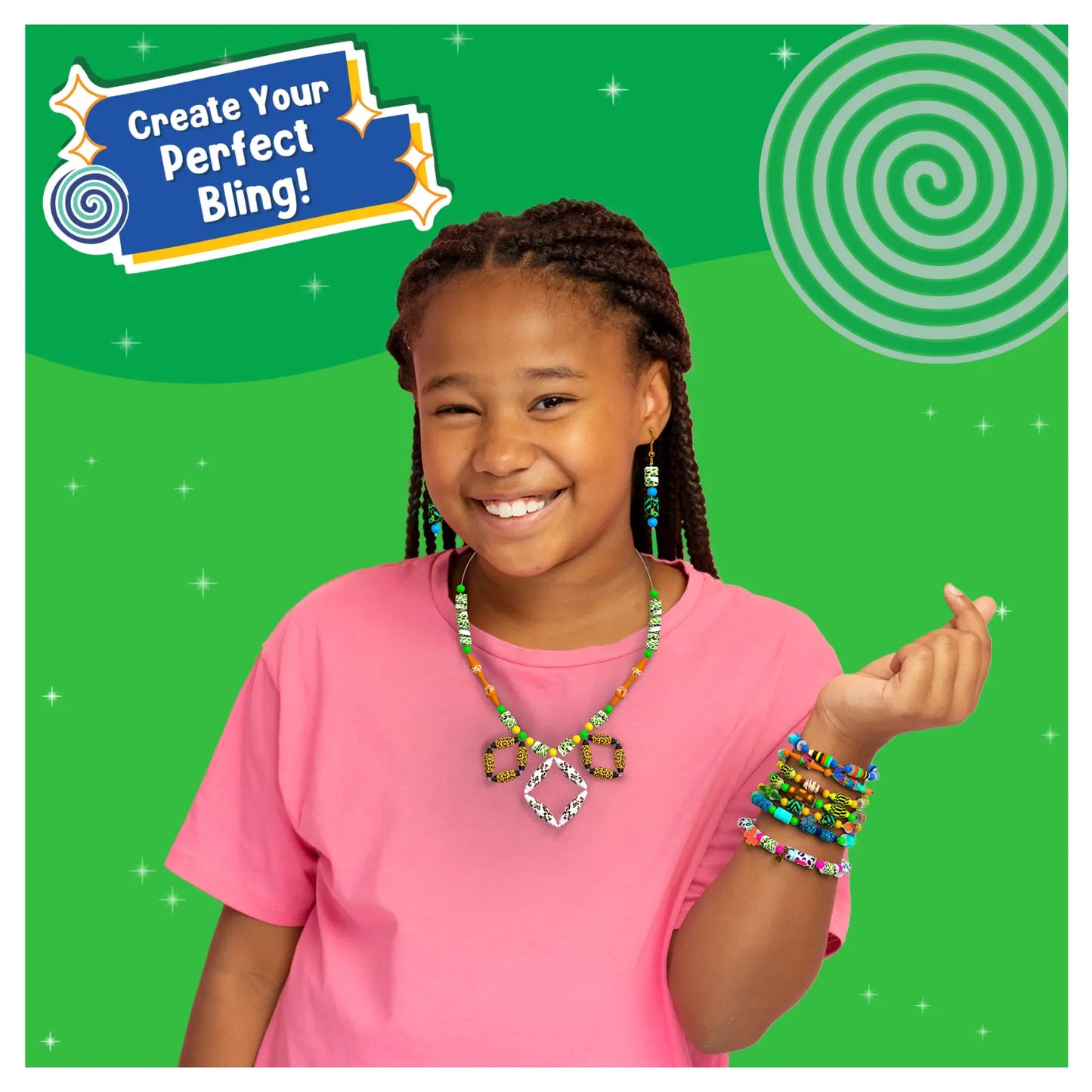 Smiling girl wearing colorful handmade jewelry from Roll-up Beads Jungle Party DIY Kit