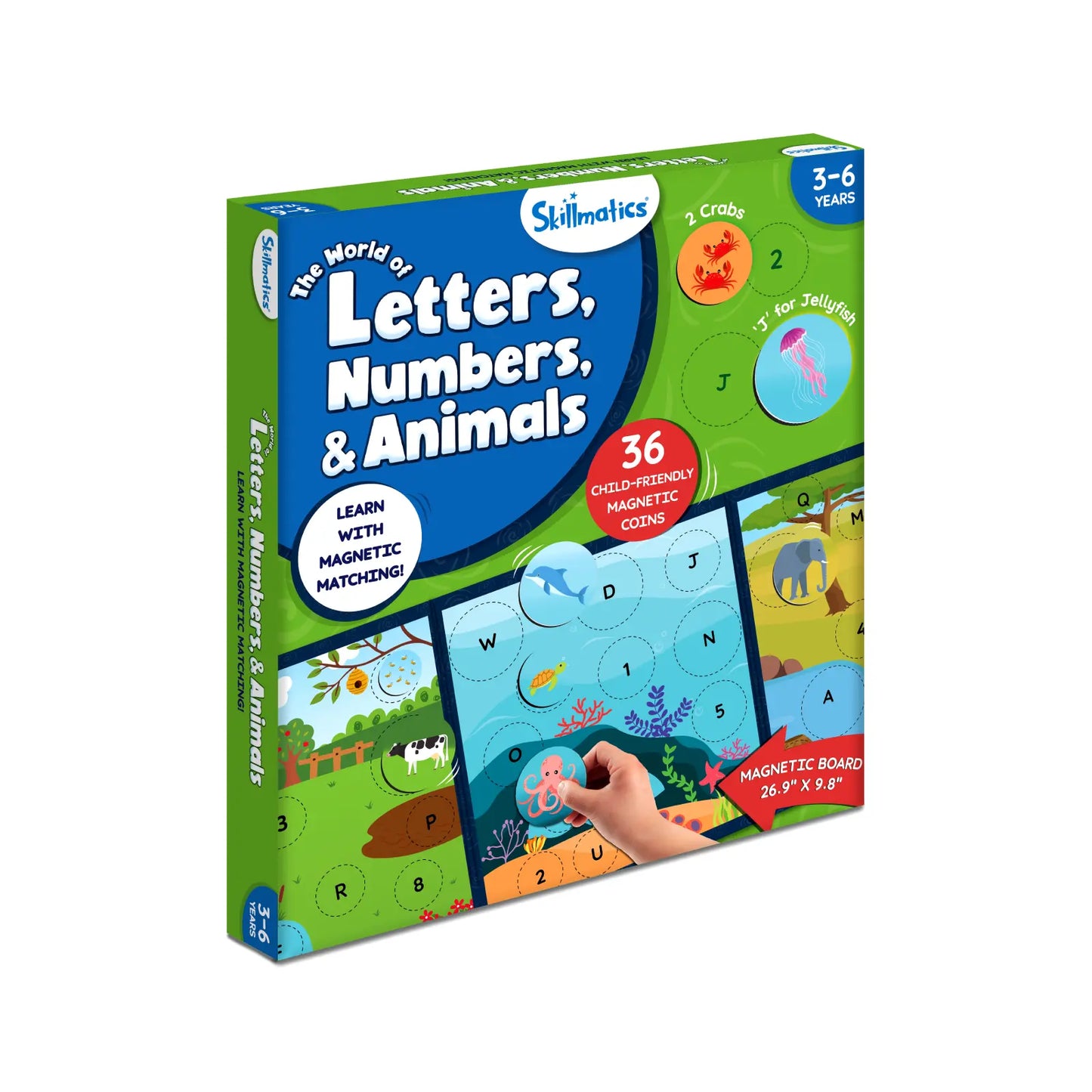 Educational magnetic matching game for children featuring letters, numbers, and animals